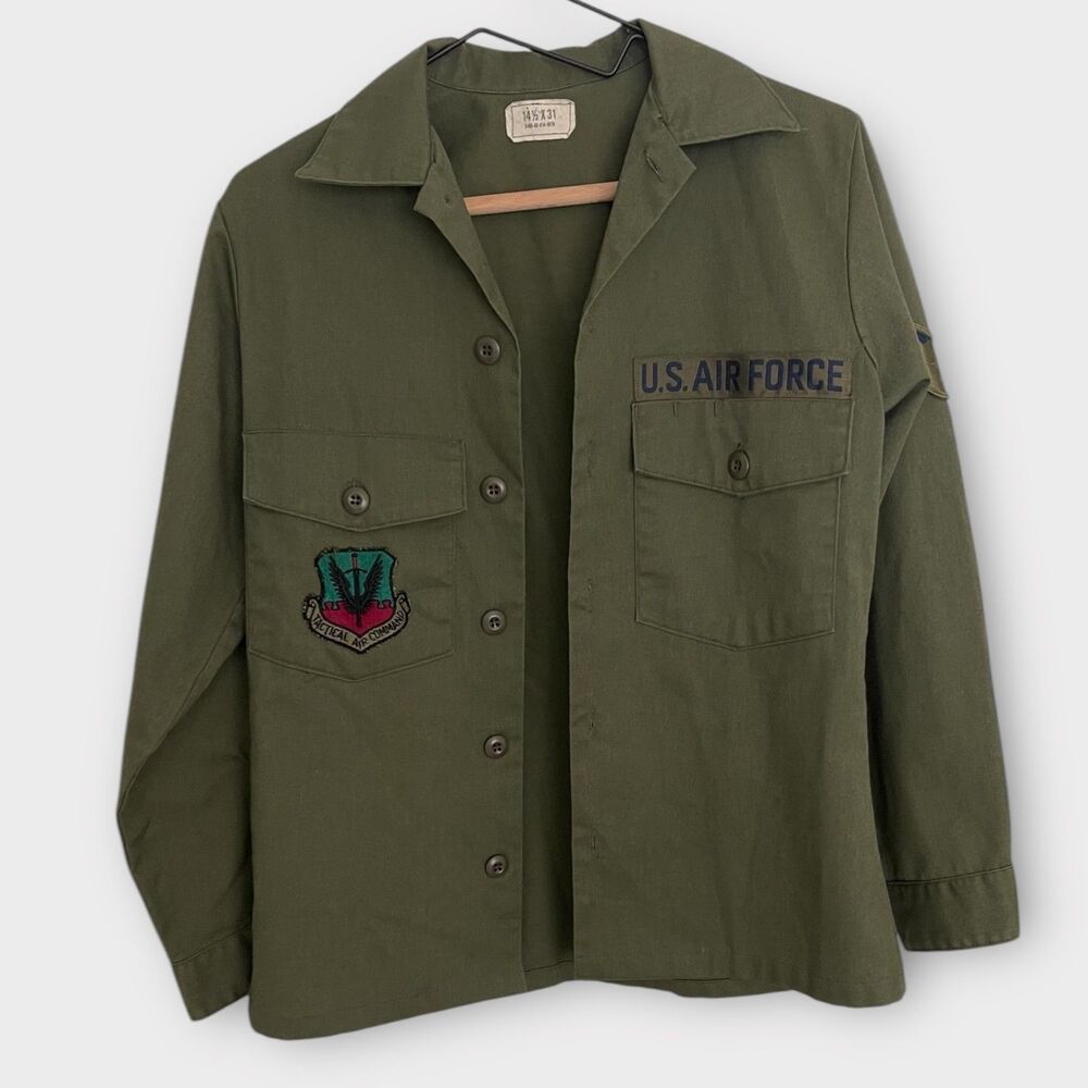 VTG US Air Force Military Army Jacket Shirt S/M Green Utility Uniform 14.5x31